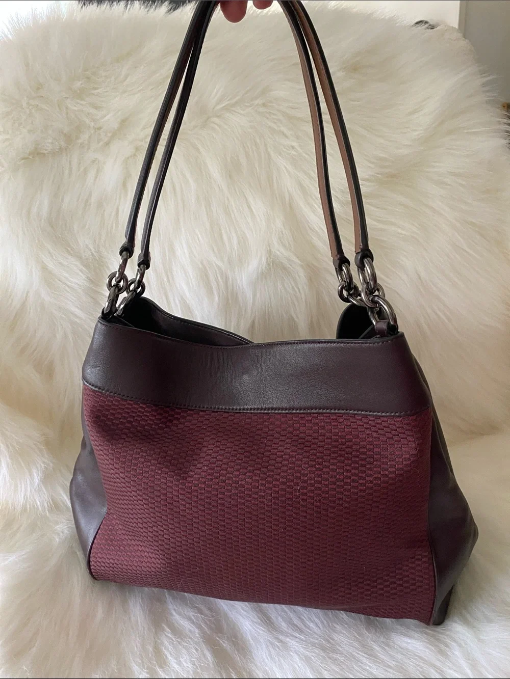 Coach Lexy Carryall Shoulder Bag in Dark Maroon Canvas and Oxblood Leather Trim